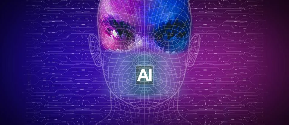 AI artificial intelligence concept, microprocessor with robotic face Stock Illustration