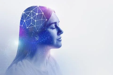 AI Artificial Intelligence concept. silhouette of a young woman on a white Stock Photos