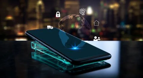 Ai, Artificial intelligence concept. Smartphone with cyberspace network moder Stock Illustration
