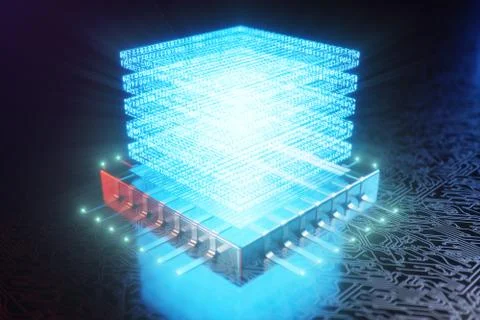 AI - artificial intelligence CPU concept. Hologram above CPU. Machine learning 스톡 일러스트