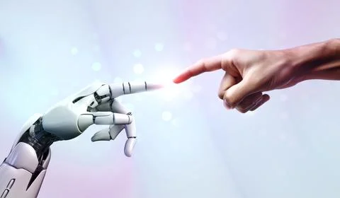 AI, Artificial intelligence creation by humans, robot and human hands are t.. Stock Photos