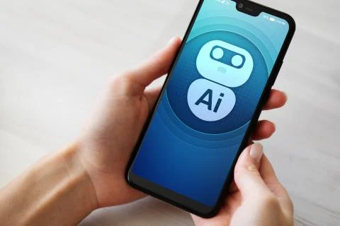 AI Artificial intelligence Deep machine learning concept. Robot icon on mobile Stock Photos