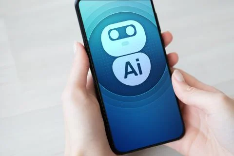 AI Artificial intelligence Deep machine learning concept. Robot icon on mobile Stock Photos
