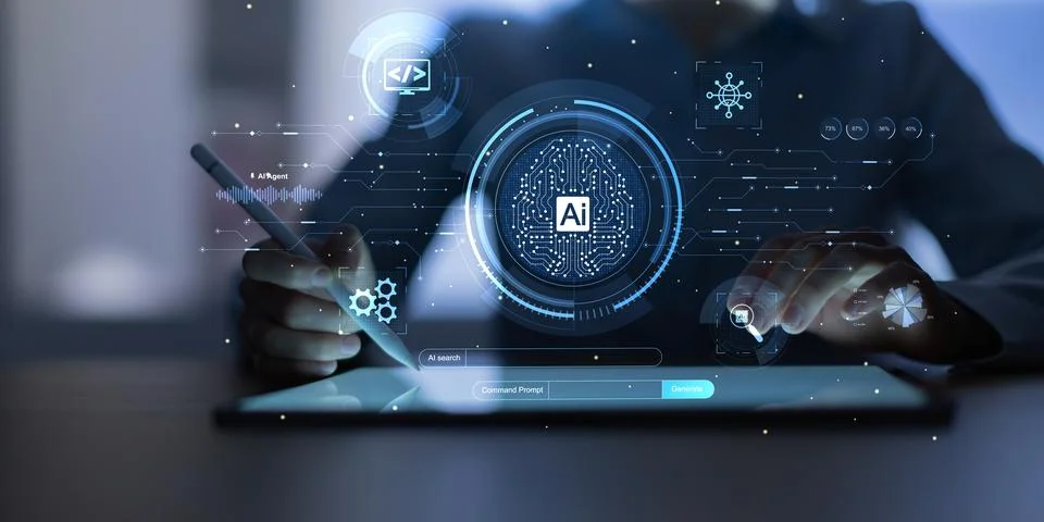AI Artificial Intelligence Display with Digital Interface and Human Interacti Stock Photos