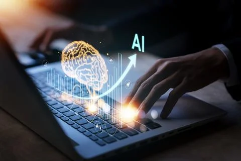 AI (Artificial intelligence) growing with brain. Businessman data analytics.. Stock Photos