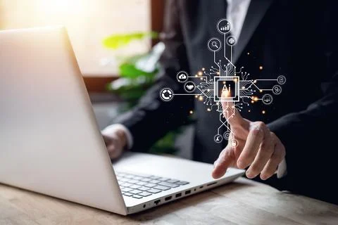 AI (Artificial intelligence) growing concept. Businessman hand typing keybo.. Stock-Fotos