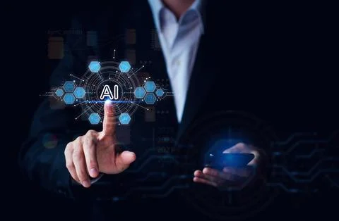 AI (Artificial intelligence) growing concept. Businessman use smartphone. B.. Stock Photos