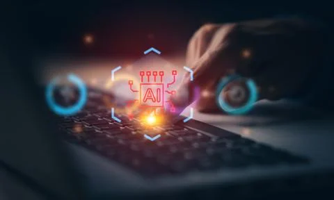 AI (Artificial intelligence) growing concept. Businessman use laptop. Busin.. Stock Photos