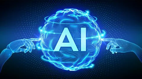 AI. Artificial Intelligence. Human and robot hands touching a wavy grid spher Stock Illustration