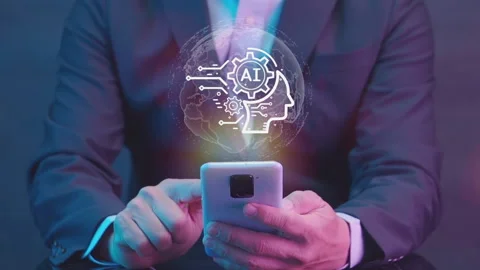 AI artificial intelligence icon and globe hologram above smartphone. Stock Footage 233323789