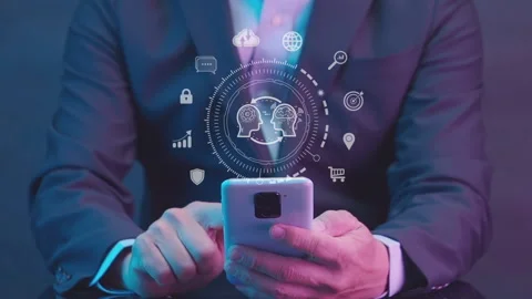 AI artificial intelligence icon and globe hologram above smartphone. Stock Footage 236296778