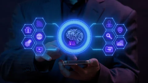 AI artificial intelligence icon hologram above smartphone. Machine learning Stock Footage 287842201
