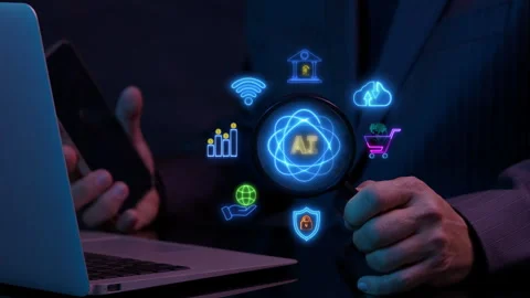 AI artificial intelligence icon hologram inside magnifying glass. Stock Footage 287842362