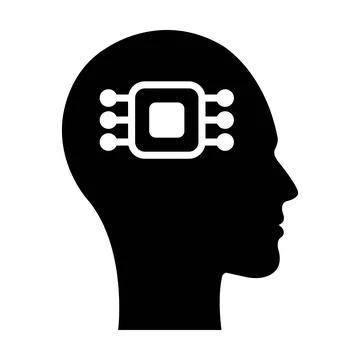 AI, Artificial intelligence icon of human face with a digital chip on brain Illustrazione stock