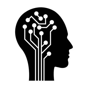 AI, Artificial intelligence icon of human face with a digital chip on brain Stock Illustration
