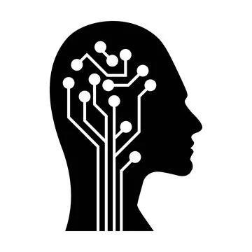 AI, Artificial intelligence icon of human face with a digital chip on brain Illustrazione stock