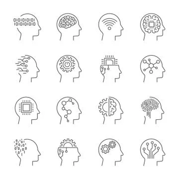 AI (artificial intelligence) icon set. Editable Stroke. Stock Illustration