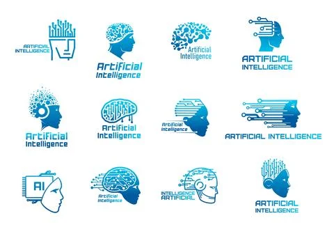 AI artificial intelligence icons, robot tech brain Stock Illustration