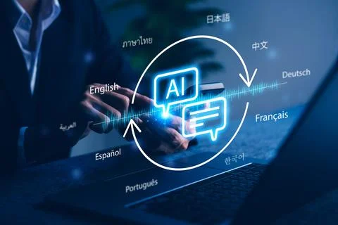 AI, Artificial intelligence language translation concept, showing multiling.. Stock Photos