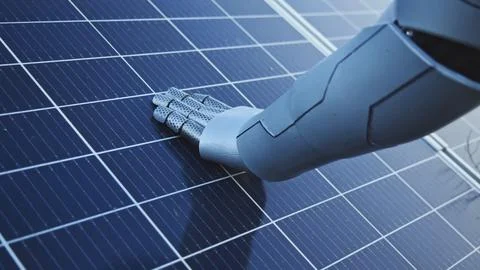 AI. Artificial intelligence. Modern cybernetic robot man touching modern solar 库存照片