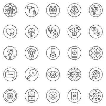 AI Artificial Intelligence outline round icons set - AI digital technology .. Stock Illustration
