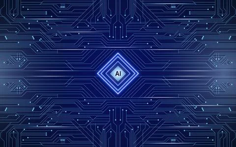 Ai artificial intelligence processor on digital blue circuit board background Stockillustratie