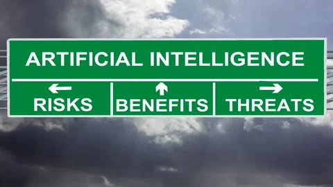 AI artificial intelligence risks and benefits road sign with timelapse clouds. Stock Footage 247195633