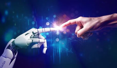 AI, Artificial intelligence, robot and human hands are touching and connect.. Stock Photos