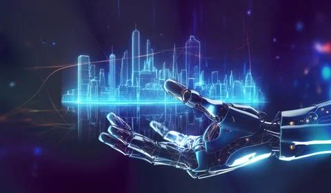 AI, Artificial intelligence, robot hand showing a futuristic city and how A.. Stock Photos