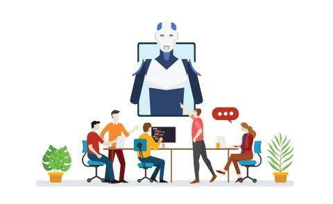 Ai artificial intelligence robot team developer programmer with script techno Stock Illustration