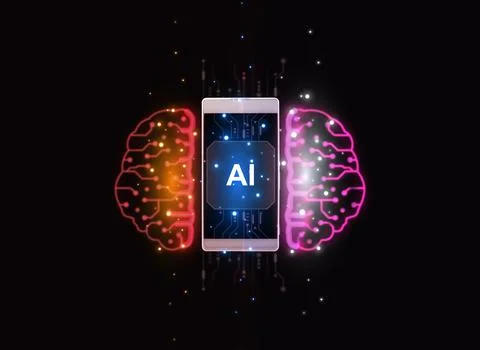 AI Artificial intelligence. Smartphone with glowing brain Foto stock