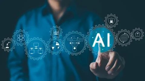 AI, Artificial Intelligence technology. Businessman touches an interface Stock Photos