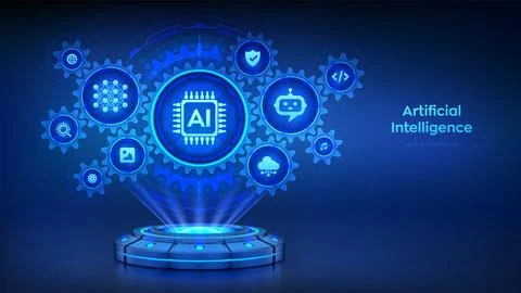 AI. Artificial intelligence technology concept. Holographic platform with glo Stock Illustration