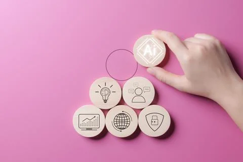 AI Artificial intelligence technology concept. Hand placed AI chip wooden Stock Photos