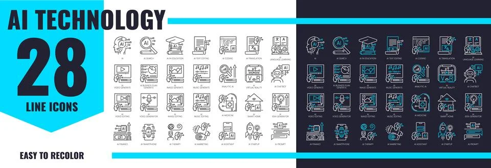 AI artificial intelligence technology line icons Stock Illustration