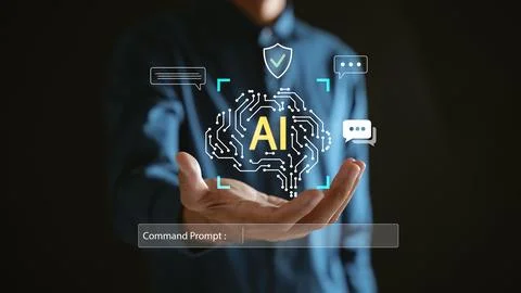 Ai artificial intelligence technology with smart robot brain glows in palm .. 写真素材
