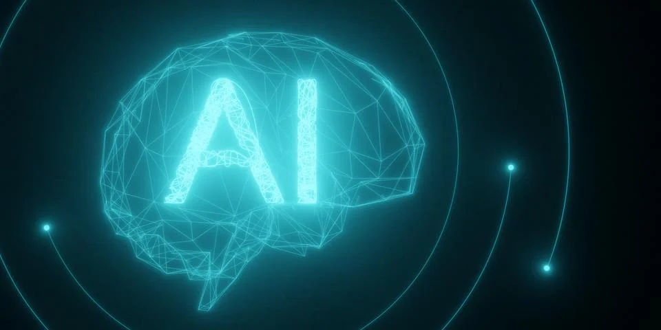 AI, artificial intelligence, text inside low poly network brain, blue on bl.. Stock Illustration