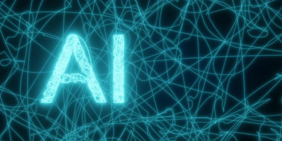 AI, artificial intelligence, text inside strings network, blue on black bac.. Stock Illustration