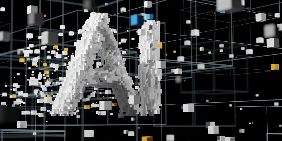 AI, artificial intelligence, text made from binary data blocks with data fl.. Stock Illustration