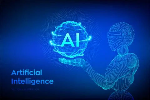 AI. Artificial intelligence. Wireframe robot. AI in robotic hand. Machine lea Illustrazione stock
