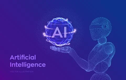 AI. Artificial intelligence. Wireframe robot. AI in robotic hand. Machine lea Stock Illustration