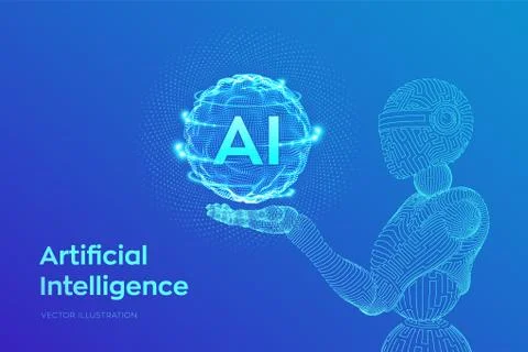 AI. Artificial intelligence. Wireframe robot. AI in robotic hand. Machine lea Stock Illustration