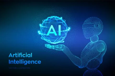 AI. Artificial intelligence. Wireframe robot. AI in robotic hand. Machine lea Stock Illustration