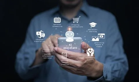 AI assistant agent on mobile device with futuristic icons, representing sma.. Stock Photos