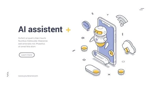 AI Assistant And Artificial Intelligence Technology Isometric Web Banner Ve.. Ilustración de archivo