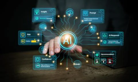 AI assistant and decision making concept. Hand touches interface where AI h.. 写真素材