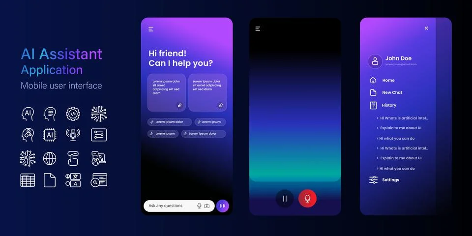 AI assistant chat bot user interface set mobile app application dark theme Stock Illustration