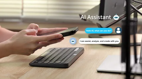 AI assistant chat on smartphone in home office. Stock Footage 316657066