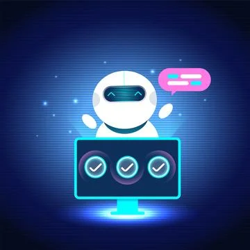 AI Assistant chatbot character appears from a glowing screen, showing task .. Stock Illustration