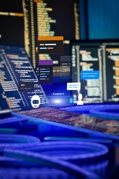 AI Assistant Chatbot Interface With Programming Code Screens, Software Develo Fotos Stock